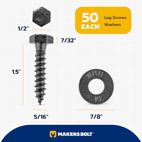 5/16 x 1-1/2 (50 Pack) Lag Screw Kit, 50 Screws and 50 Washers, Ceramic Black Ruspert Coating for Exterior Use, Meets ASTM A307 and ASME B18.2.1, Industrial/Commerical Grade by Makers Bolt 5/16 x 1-1/2