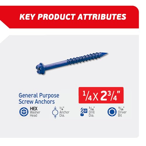 1/4 x 2-3/4" Hex Head Blue Concrete Screw Anchors (100 pcs Screw Kit) with one Screwdriver and Drill Bit for Concrete, Masonry, Block, Brick and Wood Fastening 1/4 x 2-3/4"