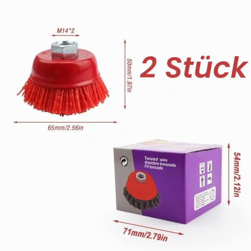 Pack of 2 Cup Brush Angle Grinder M14 Nylon Brush Drill, Diameter 65 mm Nylon Brush Sanding Filament Cup Brush for Deburring, Rust Removal and Paint Removal 65MM