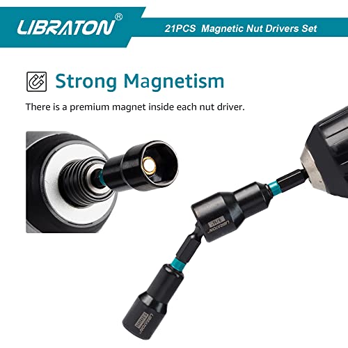 LIBRATON 21PCS Magnetic Nut Driver Set, Impact Drill Driver Bit Set 1/4"