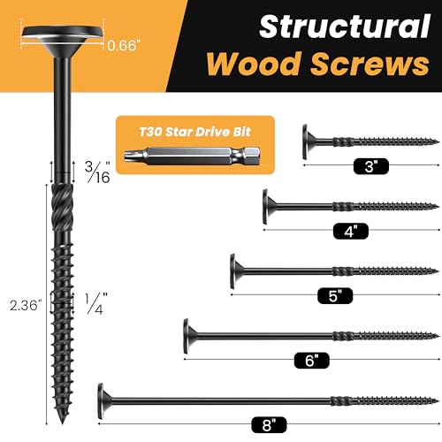 Lag Screws #14 x 4 Inch, 90Pcs Heavy Duty Structural Wood Screws T30 Star Bit #14 x 4" Black 90