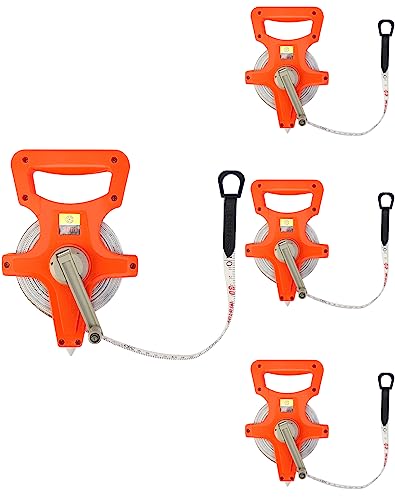 QWORK 1/2" x 100' Fiberglass Tape Measure, 4 Pack Engineer's Open Reel Dual Sided Measure, Orange Orange - 4 pack 100 ft