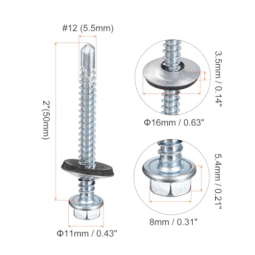uxcell #12x2 Self Drilling Screws with Rubber Washer, 200Pcs Zinc Plated Finish Hex Head Self Tapping Screws with EPDM Washer for Metal #12x2" 200