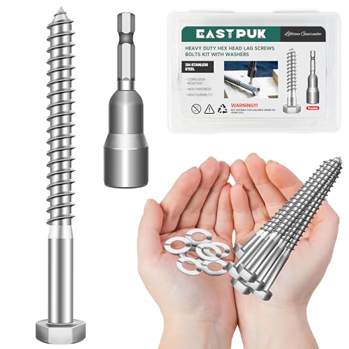 (8Sets) 3/8 Bolt, 3/8" x 4" Hex Head Lag Bolts & #14 x 4 Inch Wood Screws, 50-Pack Hex Head Lag Screw, Heavy Duty Lag Screws, Coating Carbon Steel Deck Screws for Timber, Log, and Landscape W