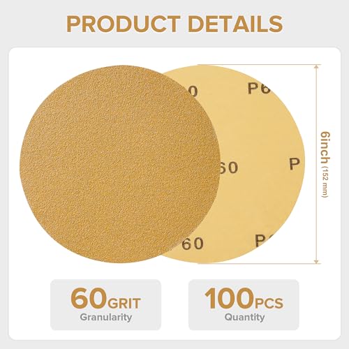 100 PCS 6 Inch Gold PSA Sanding Discs 60 Grit Self Adhesive Sticky-Back Sandpaper for DA Sander Automotive Car Paint Woodworking Wood Metal Finishing 100 PCS 60 Grit