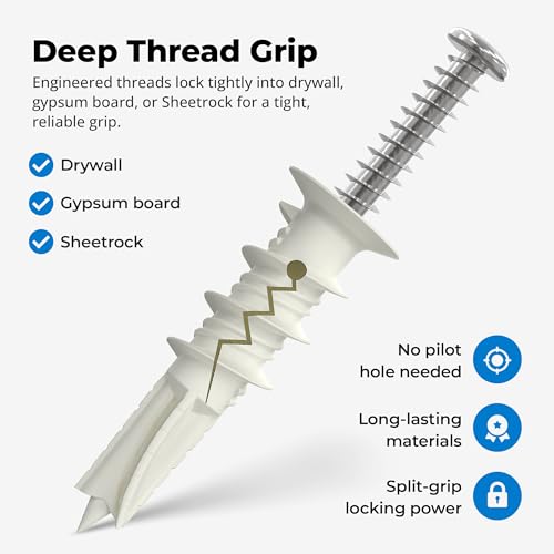 Qualihome Drywall Anchors with Screws – Self-Drilling Drywall Anchors, Anti-Spin Grip, No Pre-Drill Wall Anchor Kit, Strong & Reliable Hold, 200 Pack (400 Pieces) 200 Pack (400 Pieces)