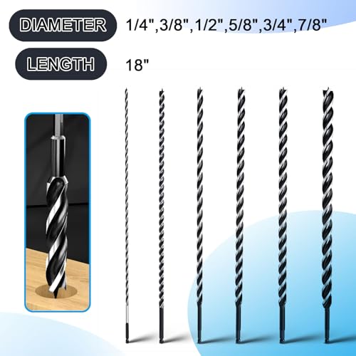 6PCS Auger Drill Bit Hex Shank 18" Long (1/4",3/8",1/2",5/8",3/4" 7/8")