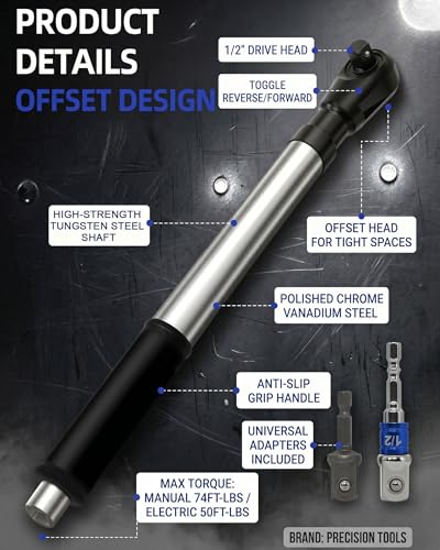 1/2" Drive 3-in-1 Offset Extension Impact Wrench – Manual/Electric/Pneumatic Ratchet for Narrow Spaces, 74–110 lb-ft (Max 147 lb-ft) Torque, Includes 2 Power Tool Adapters