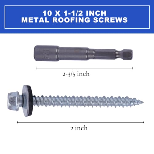Metal Roofing Screws 10 x 2 inch, Hex Head Sheet Metal Roof Screw with EPDM Washer for Corrugated Roofing (250Pcs)