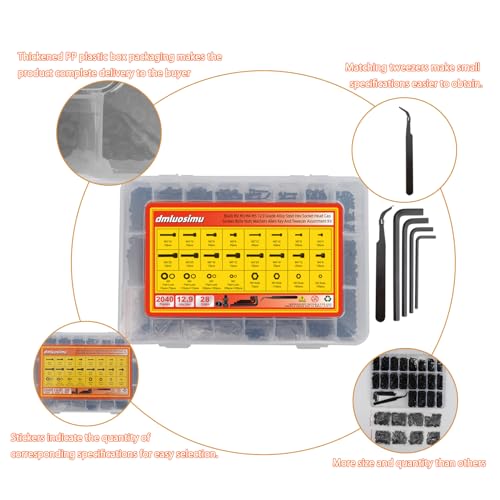 2040pcs 12.9 Alloy Steel Black Zinc Bolts and Nuts Hex Socket Screw Kit (Lock & Flat Washers)- M2,M3,M4,M5,Metric Screw Assortment, Socket Head Cap Screws.