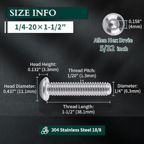 1/4-20 x 1-1/2" Button Head Socket Cap Bolts Screws, 304 Stainless Steel 18-8, Allen Hex Drive, Bright Finish, Fully Machine Thread, Pack of 100 1/4-20 x 1-1/2