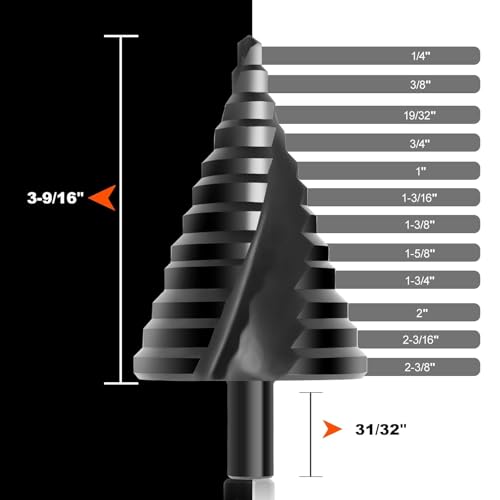 HSS Step Drill Bit for Metal, 12 Steps from 1/4" to 2-3/8", Spiral Flutes M2 1/4"- 2-3/8"