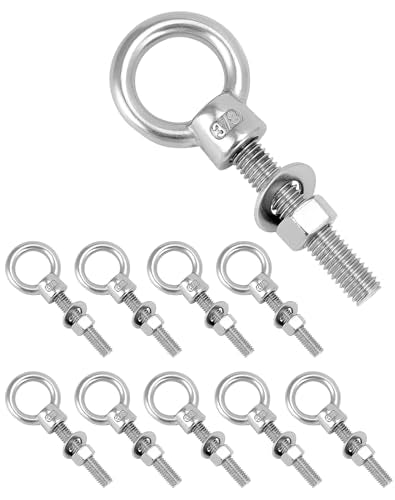 QWORK Threaded Eyebolts, 10 Pack 3/8" x 2" Long 304 Stainless Steel Marine Grade Shoulder Eye Bolt 3/8" x 2" 10 Pack - 304