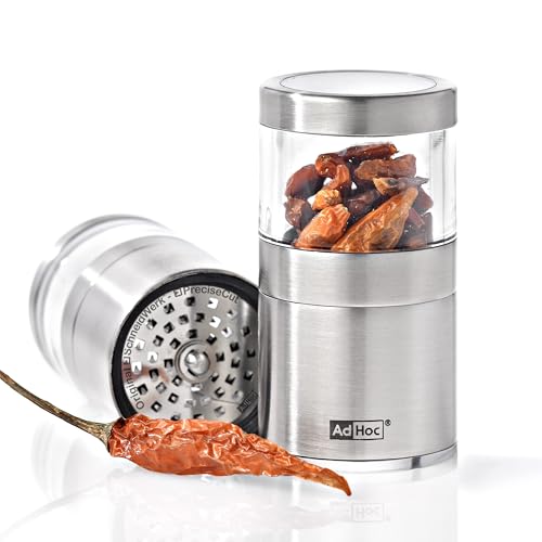 AdHoc Voyage Mini Chilli Cutter/Spice Cutter | Stainless Steel/Acrylic | PreciseCut Technology, Compact Spice Mill | (H) 75 mm x (D) 38 mm | Clear/Silver