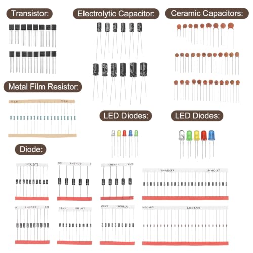 PATIKIL Electronics Component Assortment Kit, 1490Pcs Metal Film Resistors, LED Diodes, Common Diodes, Transistors, Electrolytic Capacitor, Ceramic Capacitors