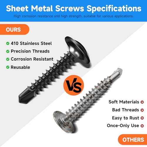 300Pcs #8 x 1-1/2" Black Self Tapping Screws for Metal, 410 Stainless Steel, Sheet Metal Screws for Metal, Truss Head High-Strength Quick Tapping #8×1-1/2" 300