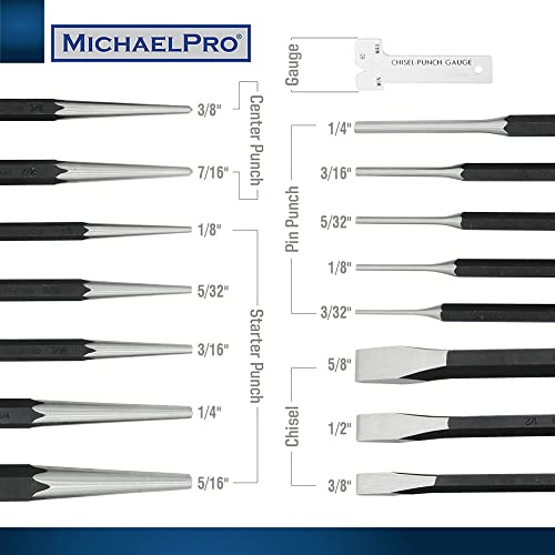MichaelPro Punch and Chisel Set, 16-Piece Punch Set Tools with Center Punch, Pin Punch, Starter Punch, Chisel, Gauge and Tool Storage Pouch, Heavy Duty Chrome Vanadium Steel Chisels and Punch Tool Set