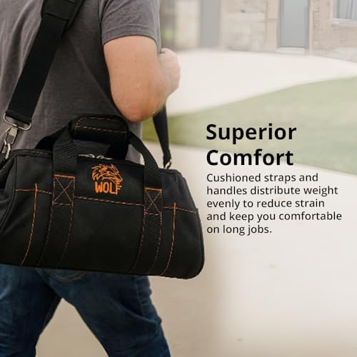 WOLF 22" Wide Mouth Tool Bag with Molded Base | Heavy-Duty 1680D Nylon | Electrician & Contractor Organizer