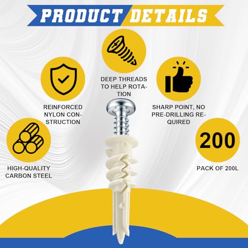 Glooglitter 400 Pcs #8 Self Drilling Drywall Anchors and Screws Kit 200 Expansion Anchor with Split