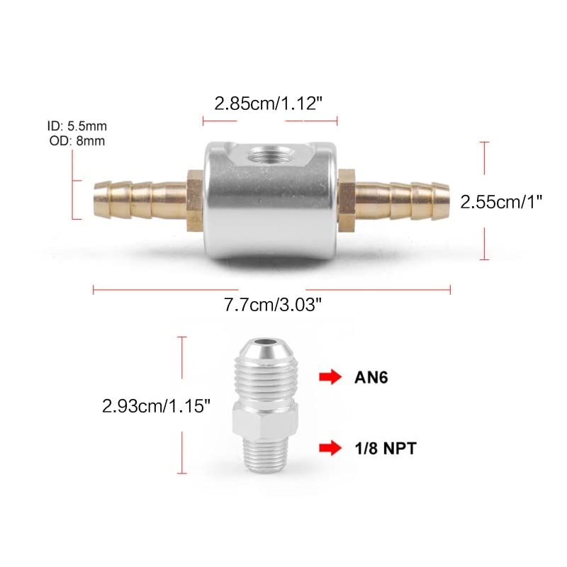 1/8" NPT Back Mount, Fuel Pressure Gauge Glycerin Filled,1-1/2" Dial Size, 0-100 Psi,with 6AN to 1/8 NPT Fitting Adaptor Kit, Universal, Polished Case,Liquid Filled