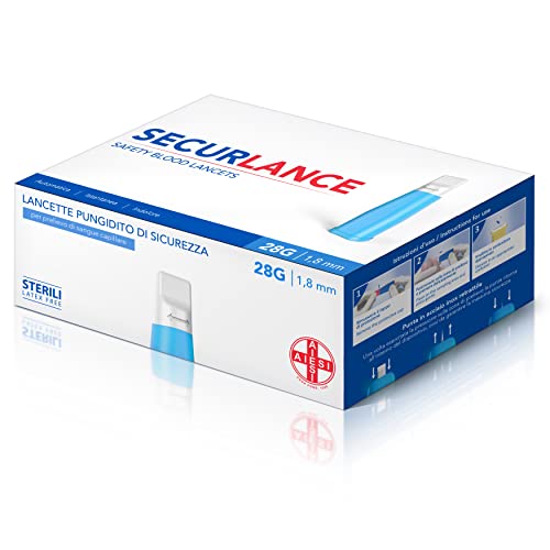 AIESI Sterile Disposable Lancets with Safety System and Retractable Stainless Steel Tip Needle 28G Securance (Pack of 100)