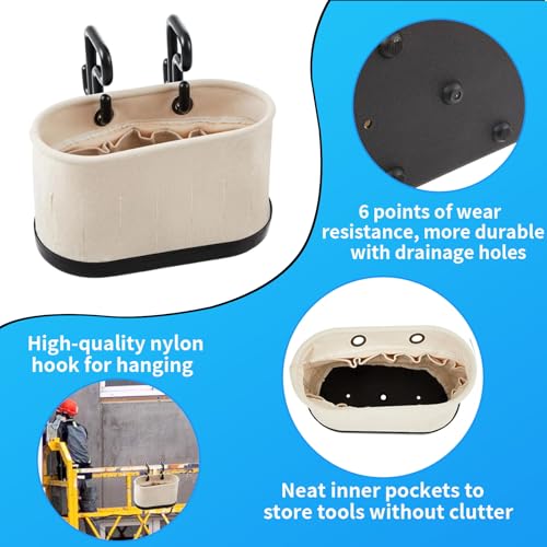 Canvas Bucket Bag, Aerial Oval Tool Bucket With Hooks & 15 Pockets, Oval Hard-Body Bucket Tool Organizer, Black Molded Polypropylene Bottom, for Industrial Maintenance Construction Sites (White)