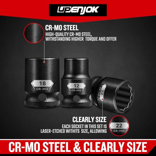 15-Piece 1/2" Drive Shallow Impact Socket Set, Metric Size (8-22mm) 12-Point Socket Set, CR-MO Steel for Automotive & DIY