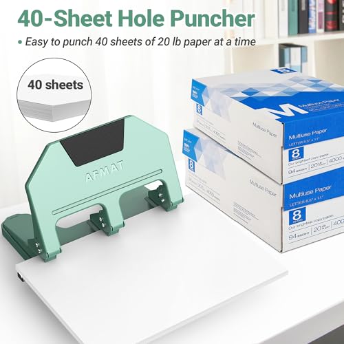 AFMAT 3 Hole Punch, 9/32" Holes, 40-Sheet 3 Hole Puncher for Binder, 50% Reduced Effort, Metal Heavy Duty Three Hole Punch w/ 10,000+ Uses, Bulit-in S.S. Paper Guide, Large Chip Tray, Green, HPX3 40-Sheet Capacity