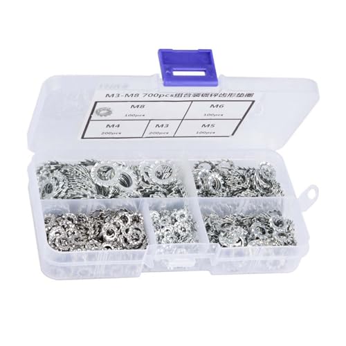 Oumefar 700pcs/set Lock Washer, External Tooth Flat Star Serrated Lock Washer Assortment Kit, Lock Washers Set Fastening Tool for Electrical Connections