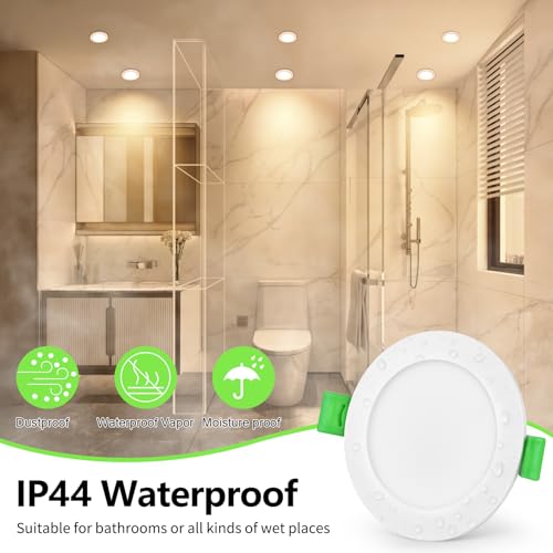 GeyouLux Recessed LED Spotlight 230V Dimmable, 65-75 mm Hole Size LED Spotlights, Set of 6 | 7W 700LM Recessed Lights, IP44 2700K/4000K/6500K Ceiling Spotlights, Extra Flat Recessed Spotlights for Bathroom, Kitchen, Living Room, White