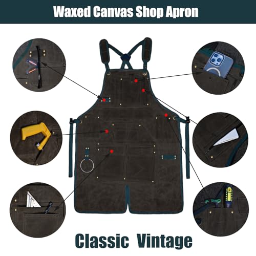 20-Pocket Heavy-Duty Waxed Canvas Work Apron – Fully Adjustable, Vintage Style Tool Organizer Black