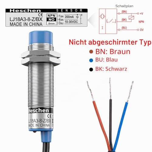 Heschen M18 Inductive Proximity Switch, 8 mm, Non-Flush, NPN N/O | 10-30VDC, 200mA, 3-conductor LJ18A3-8-Z/BX, non-flush (clearance required), ideal limit switch for CNC 8mm non-b. NPN NO