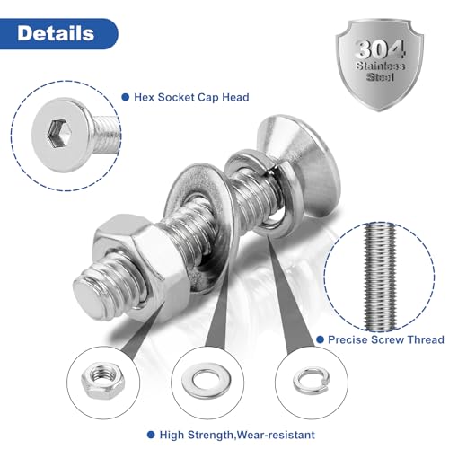 206 Pcs Metric M6 Flat Head Hex Socket Cap Screws Assortment Kit, M6x 10/12/16/20/25/30/40mm Internal Hex Drive Allen Bolts Nuts and Washers Set, 304 Stainless Steel, Fully Threaded, Pitch: 1.0mm
