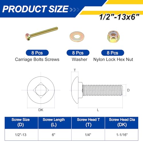 8Set 1/2"-13x6 Carriage Bolt Carbon Steel Colorful 8