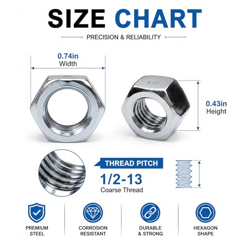 100Pcs 1/2-13 Hex Nuts Carbon Steel Hardware Nuts 100