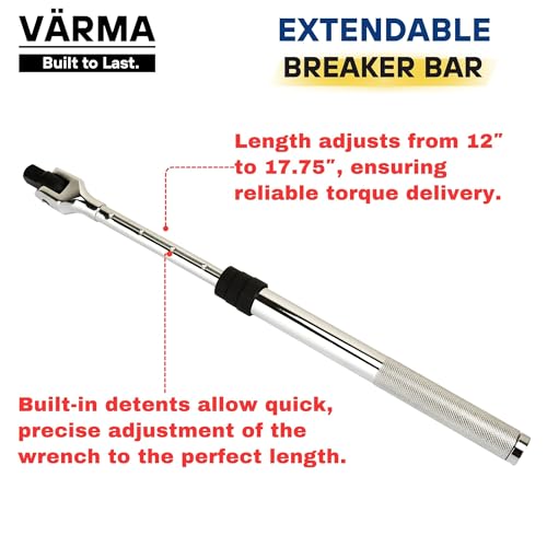 1/2" Drive Breaker Bar – 12–17.75" 6-Stage Extendable Handle, 180° Flex Head, Chrome Vanadium, High Torque 1/2" Drive Breaker Bar