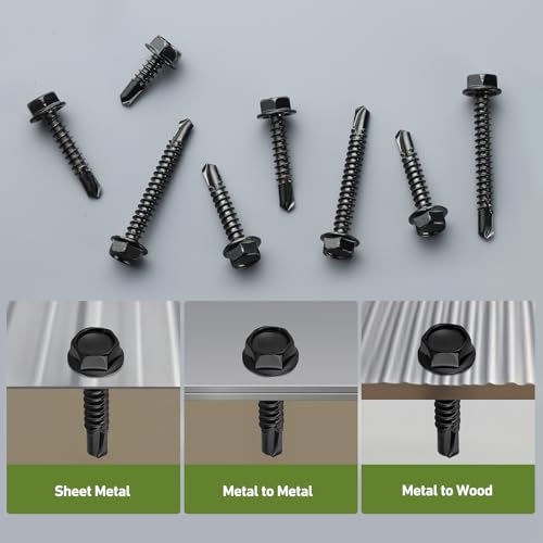Black Self Tapping Screws Assortment Kit 449PCS, Stainless Steel 410 Self Drilling Screws for Metal, #8#10 1/2" 5/8" 3/4" 1" 1-1/4" 1-1/2", Hex Washer Head Sheet Metal Screw #8/#10 Assorted Black 449