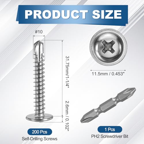 100Pcs #8x1-1/2 Sheet Metal Screws 410 Stainless Steel Silver #10x1-1/4" 200