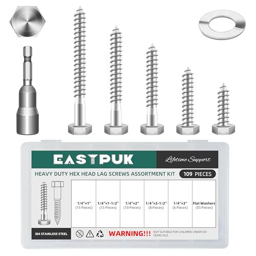 60Pcs 1/4-20 Carriage Bolts Assortment Kit with Nuts and Washers & 109Pcs 1/4" Hex Head Lag Bolts Screws Assortment Kit, Heavy Duty Lag Screws with Washers, 304 Stainless Steel Round Head Squa