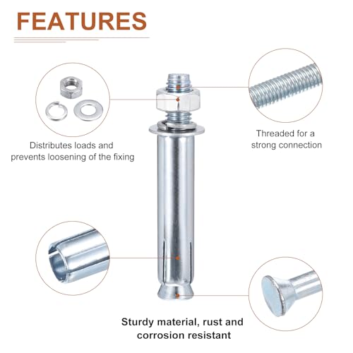 DTGN 1/2" x 4" Hex Nut Sleeve Anchors - 10Pack - Good for Concrete Dry Brick Block Walls - Carbon Steel - Silver 10 1/2" x 4"