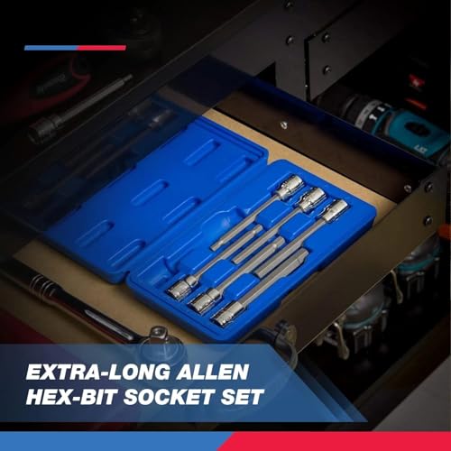 Neiko 10077A 3/8” Drive Metric Extra Long Allen Hex Bit Socket Set | 10 Pieces | Sizes 3mm – 10mm | Shaft Length 6” | Premium S2 Steel Bits | Heavy Duty Cr-V Sockets | Exceeds ANSI Standards 10 Piece