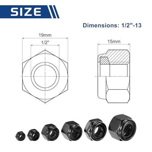 50Pcs[1/2"-13] Nylon Locking Hex Nuts 304 StainlessSteel Black 1/2"-13 50