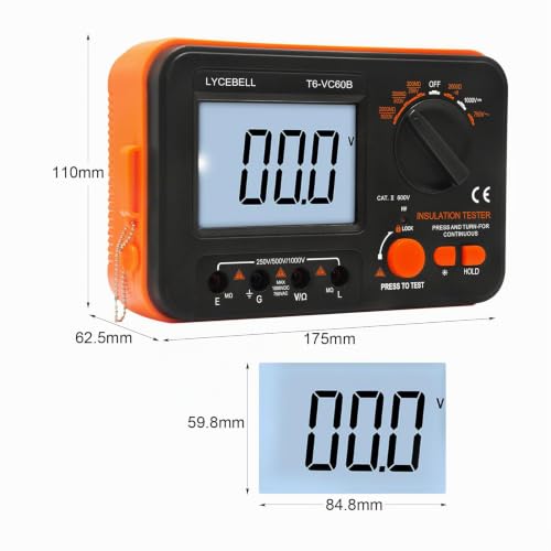 Digital Insulation Resistance Tester LC-VC60B Megohmmeter 0.1~2000 MΩ Insulation Tester with Backlight Display, DC 250V/500V/1000V, AC 750V Test Voltage with Sound Light Alarm Function