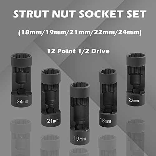5pcs Strut Nut Socket 18mm 19mm 21mm 22mm 24mm with 12 Point 1/2" Drive, Suspension Strut Nut Socket Tool Easy Remove Strut Nuts