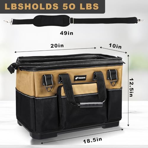 20 IN Large Tool Bag For Men Heavy Duty, Drill Bag Tool Bag Organizer, Wide Mouth Waterproof Hard Bottom Multiple Pockets Tool Tote, Tool Caddy, Maintenance 20 Inch