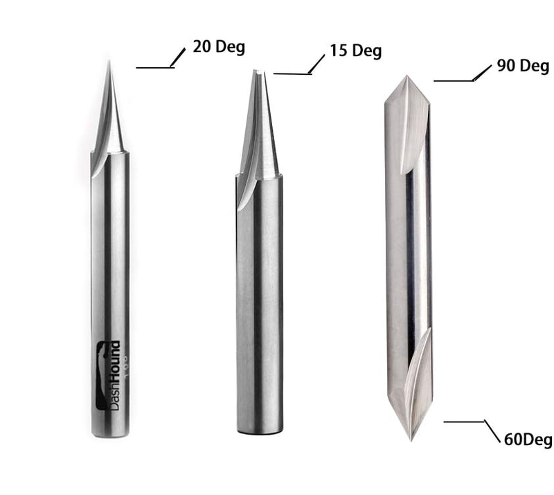 BRV693 V Groove V-Point Router Bit Set 60/90 Degree,15 Degree,20 Degree Solid Carbide V Groove Router Bit for CNC Engraving and Chamfering 1/4" CD x 2" OL