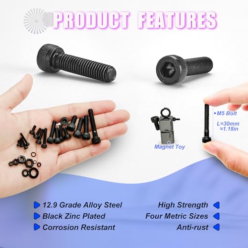 2240PCS Metric Screw Assortment M2-M5 & 470PCS Brass Heat Set Threaded Inserts M2-M6 Kit, 12.9 Grade Alloy Steel Hex Socket Bolts Black Zinc Plated with Allen Wrench for 3D Printing & Plastic Componen