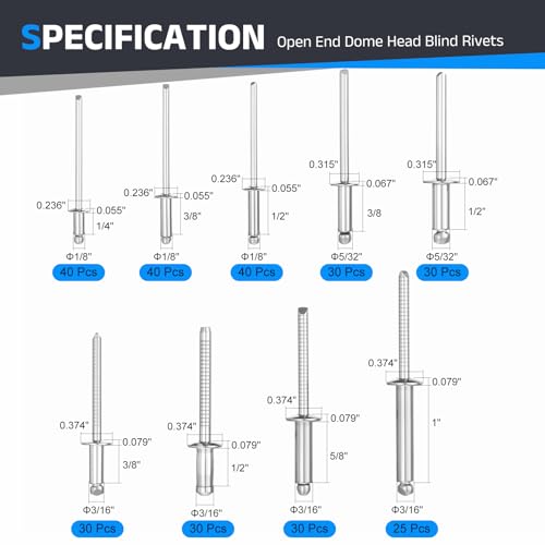 1/8" 5/32" 3/16" 304 Stainless Steel Open End Blind Rivet 295Pcs Silver 1/8" 5/32" 3/16" Assorted 295