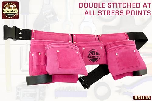Graintex DS1118 8 Pocket Pink Tool Belt in Suede Leather with 2” Webbing Belt, 2 Leather Hammer Holders Loops 1