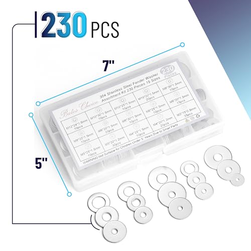 Bates- Fender Washers Assortment Kit, 230 pcs, Stainless Steel Flat Washers, 15 Sizes(M3-M12), Stainless Steel Fender Washers, Flat Washer, Large Washer Fender Washer Assortment, Assorted Washers